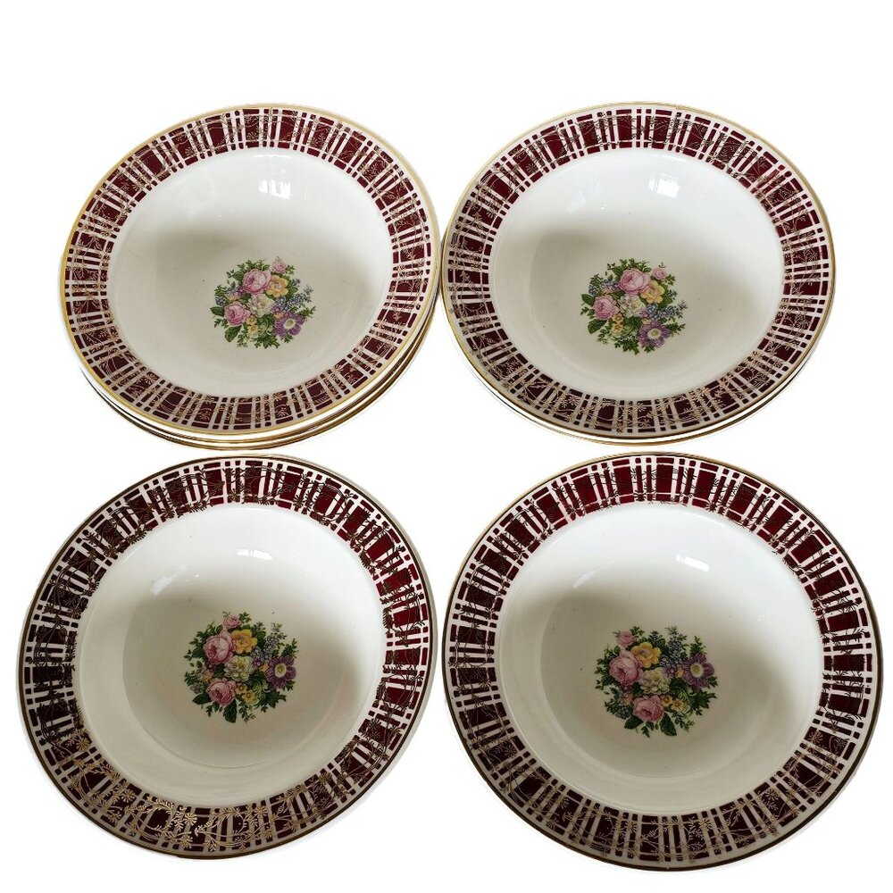Homer Laughlin Piccadilly Dessert Fruit Bowls 5.5" 6pc red rim gold floral cente